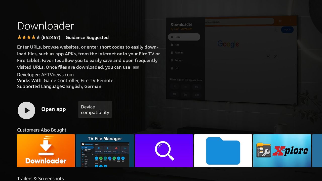 Downloader in the Amazon Appstore on a Fire TV
