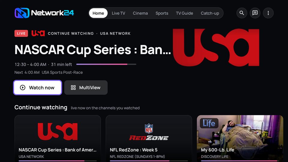 Network24 app home screen on Fire TV