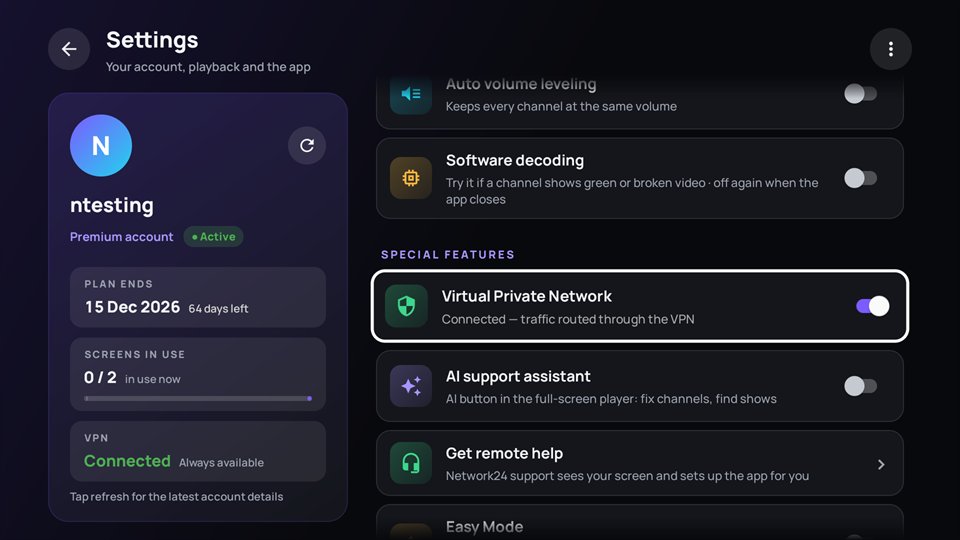 Virtual Private Network switched on in the app settings